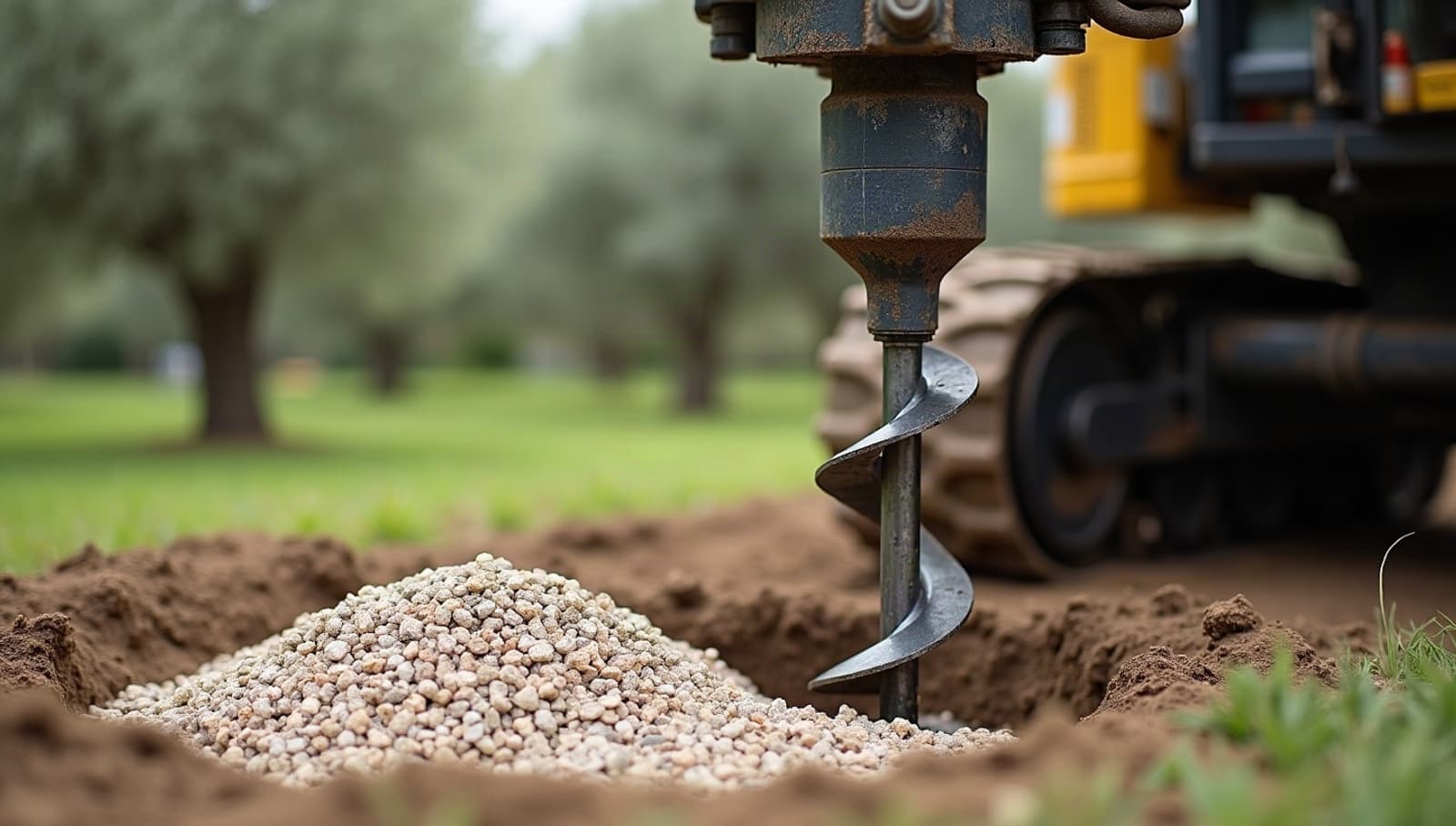 Tarière d’une foreuse qui entre dans le sol d’un jardin, graviers remontés posés à côté du trou