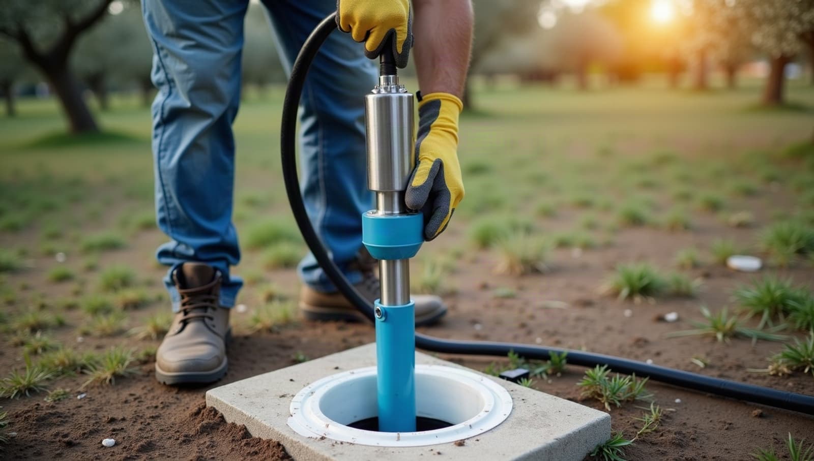 Pompe immergée en inox descendue dans le tubage d’un forage, au bout de son tuyau bleu