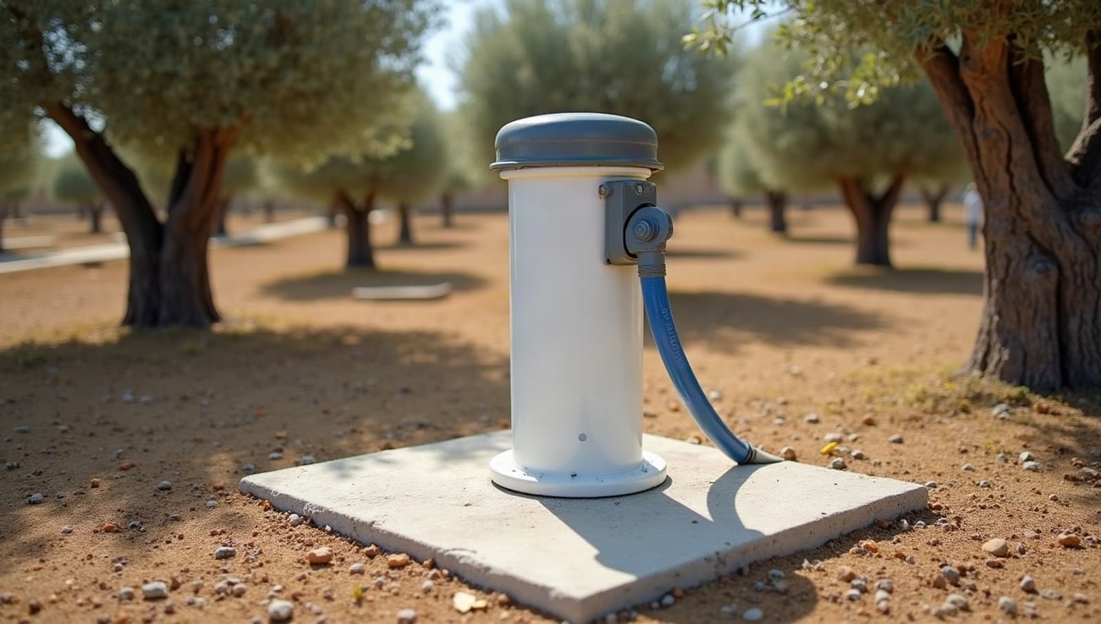 Tête de forage neuve posée au milieu d’une oliveraie en Provence