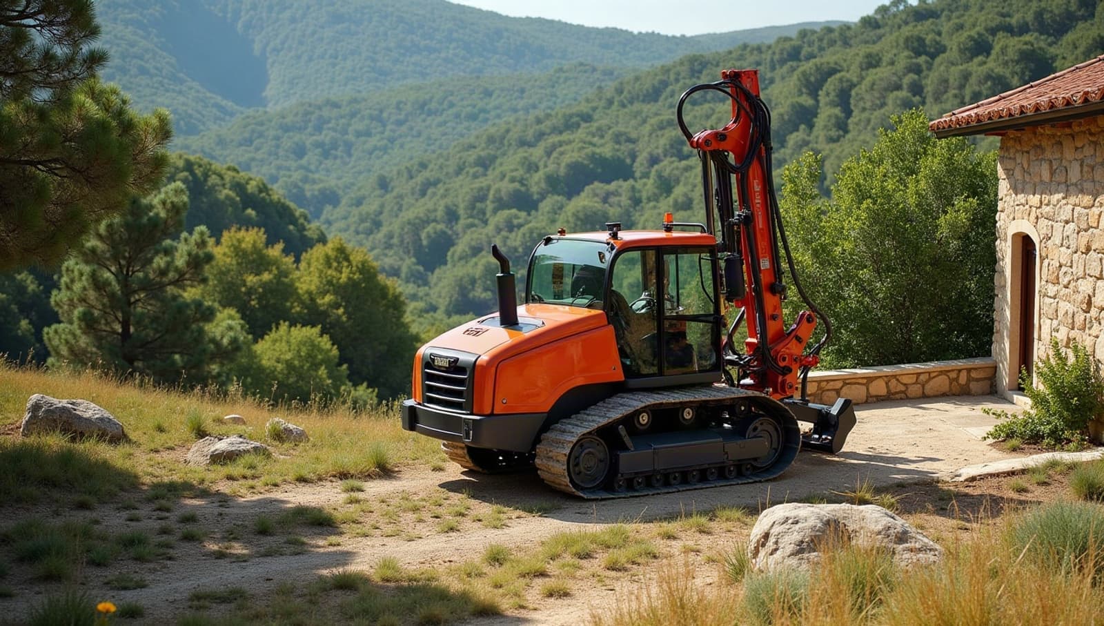 Petite foreuse sur chenilles dans le jardin en terrasses d’une maison de schiste près d’Alès