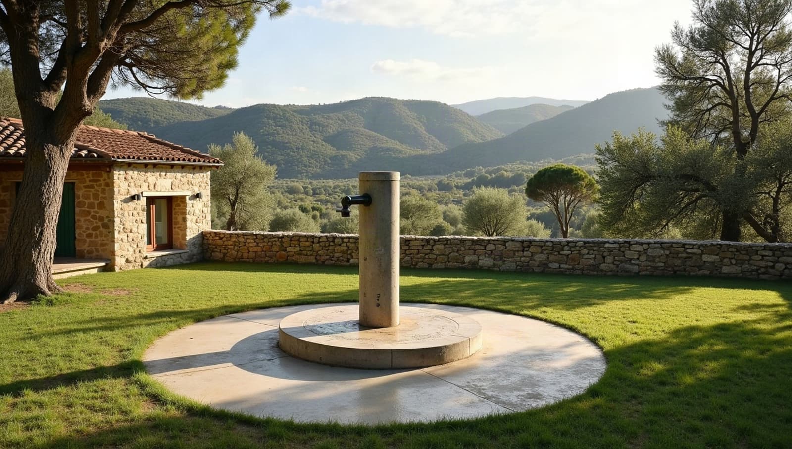 Tête de forage sur petite dalle béton, dans un jardin qui domine les vignes de la vallée de la Cèze
