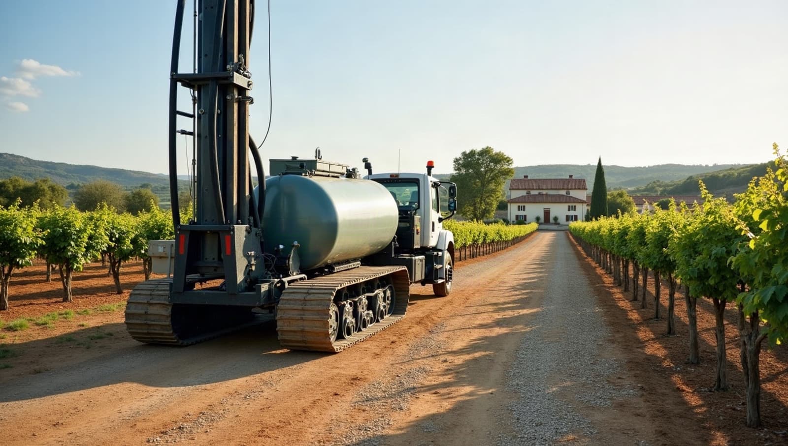 Foreuse mât levé dans le jardin d’un mas près de Beaucaire, vignes sur galets roux des Costières