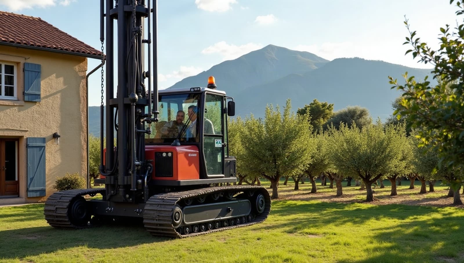 Foreuse au travail dans un jardin du Comtat, cerisiers en rangs et Ventoux au fond