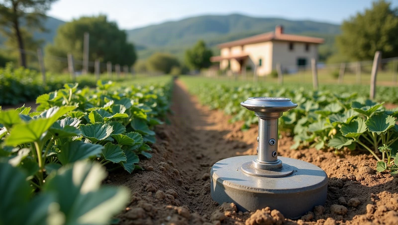 Tête de forage au bord d’un potager irrigué au goutte à goutte, collines du Luberon derrière