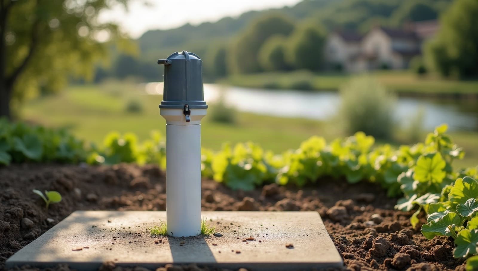 Tête de forage en PVC blanc sur dalle neuve, au bord d’un potager arrosé au goutte à goutte, au Thor