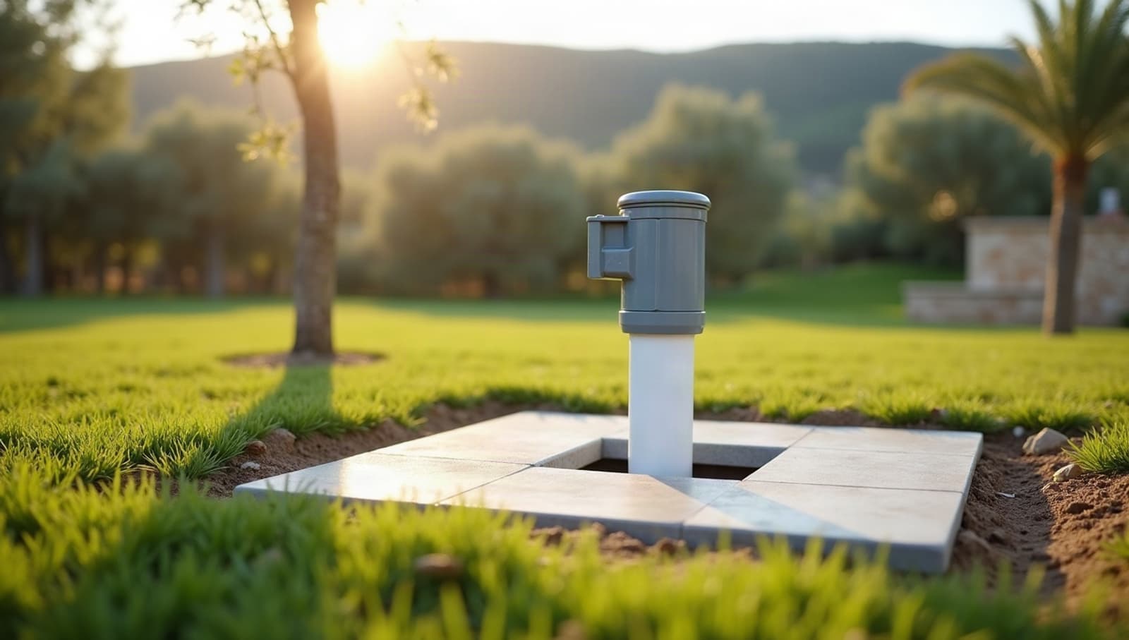 Tête de forage en PVC blanc, capot verrouillé, sur dalle neuve dans la pelouse d’une maison à Marguerittes