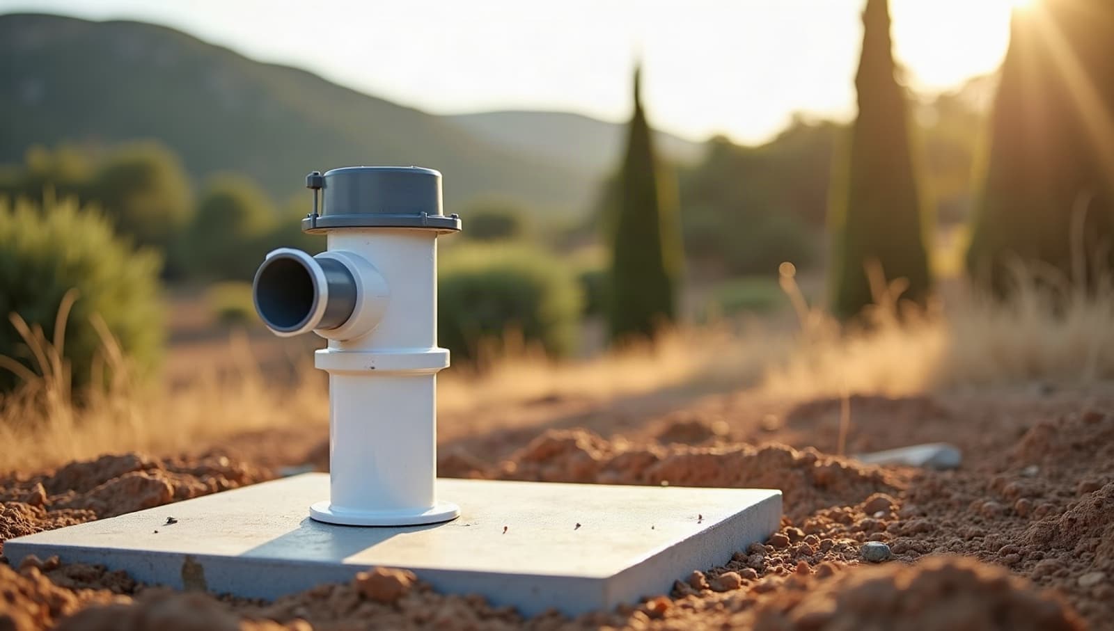 Tête de forage en PVC blanc, capot gris verrouillé, sur dalle neuve dans un jardin près de Nîmes