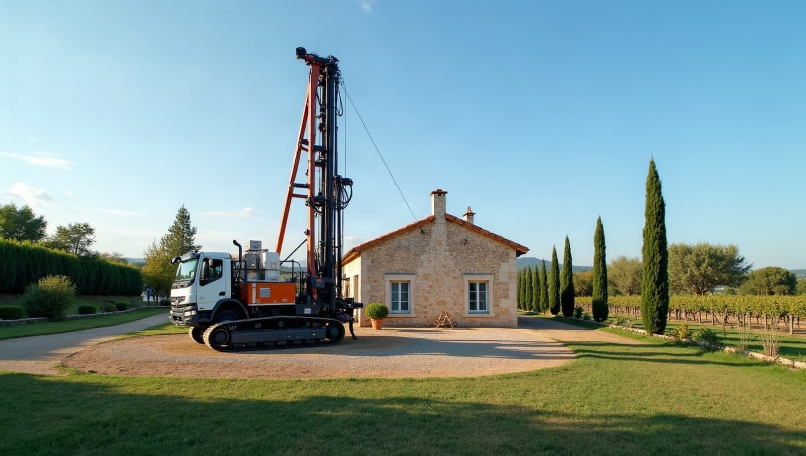 Foreuse mât levé dans le jardin d’une maison de la plaine d’Orange, vignes tout autour