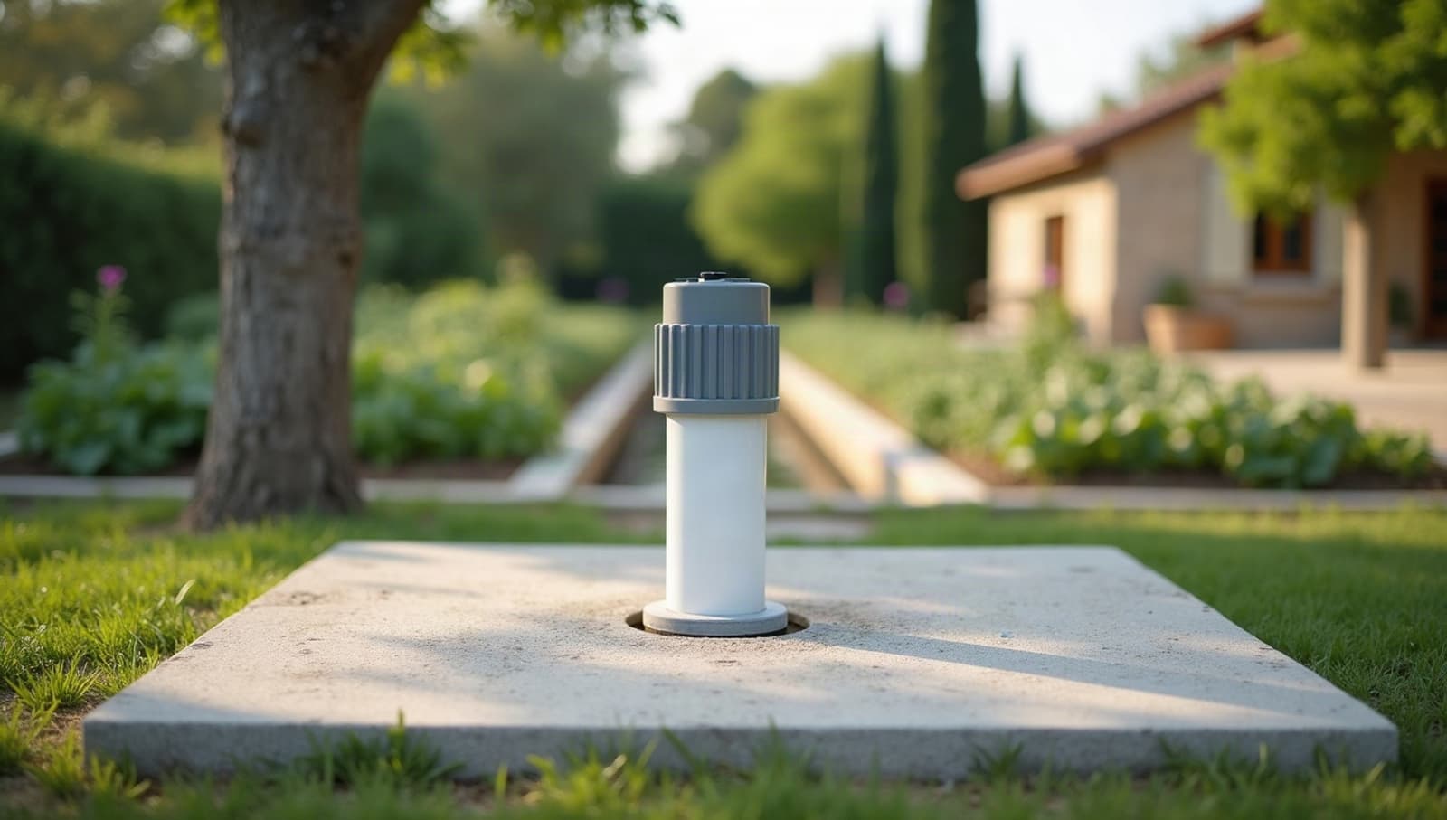 Tête de forage en PVC blanc sur dalle neuve, dans un jardin familial sous les platanes à Sorgues
