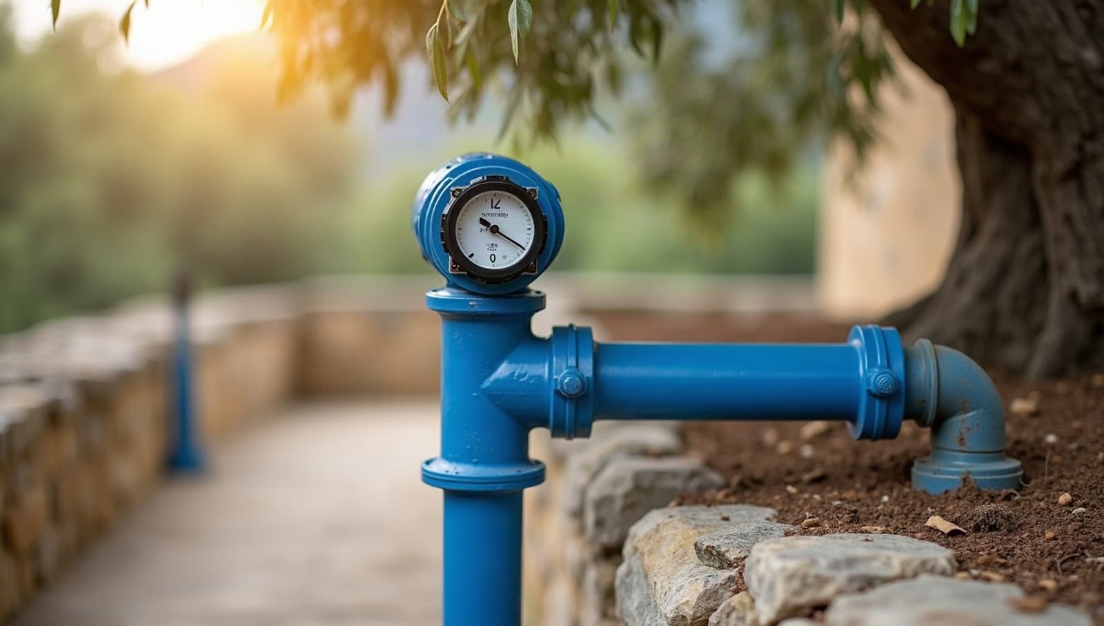 Compteur d'eau neuf et filtre à tamis montés proprement en sortie de forage, au pied d'un olivier en restanque
