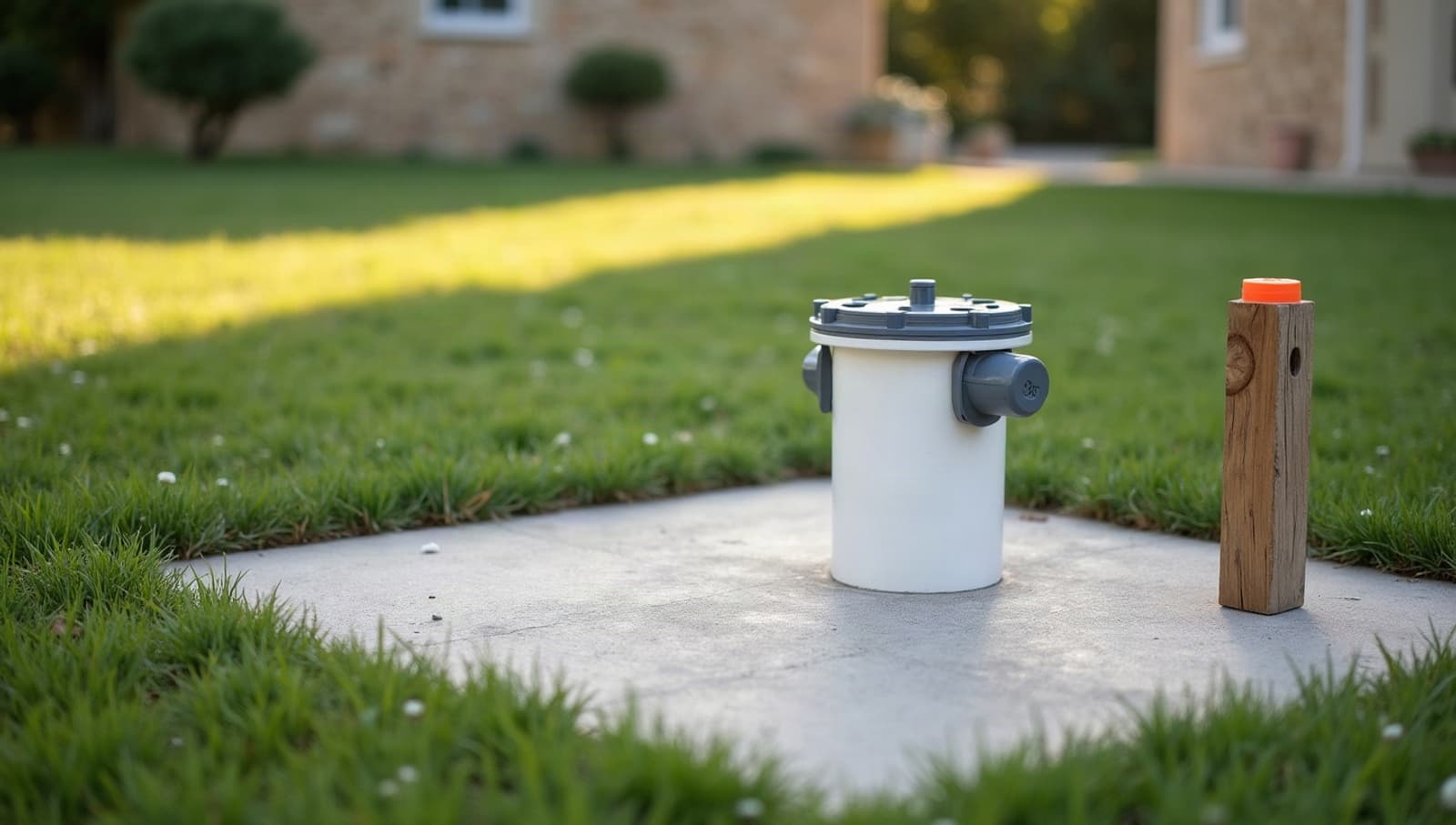 Tête de forage en PVC blanc, capot gris, sur sa dalle béton, et piquet de repère à pointe orange, prête à déclarer