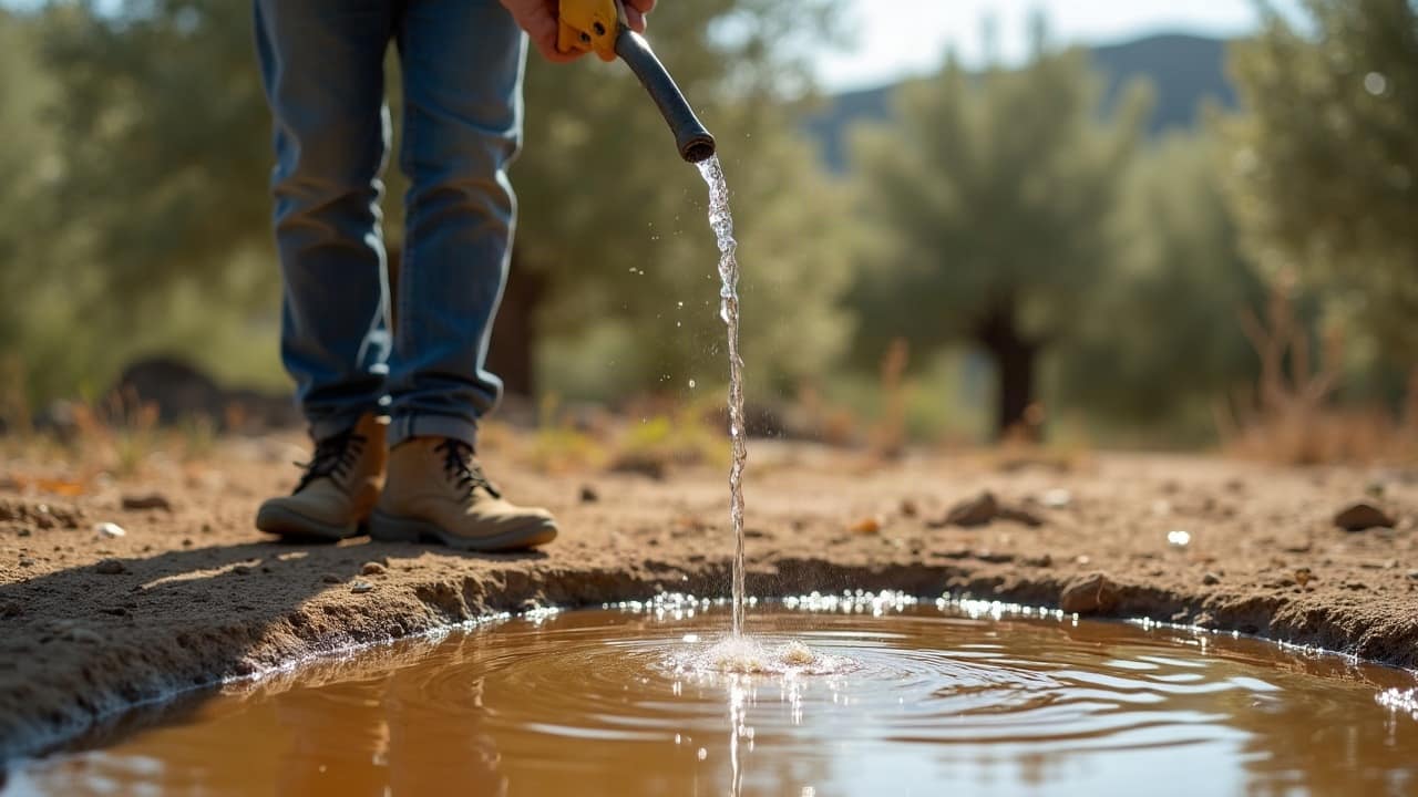 Goutte-à-goutte posé au pied d'un jeune olivier sur paillage minéral, dans un jardin sec en terrasses avec romarins et cistes