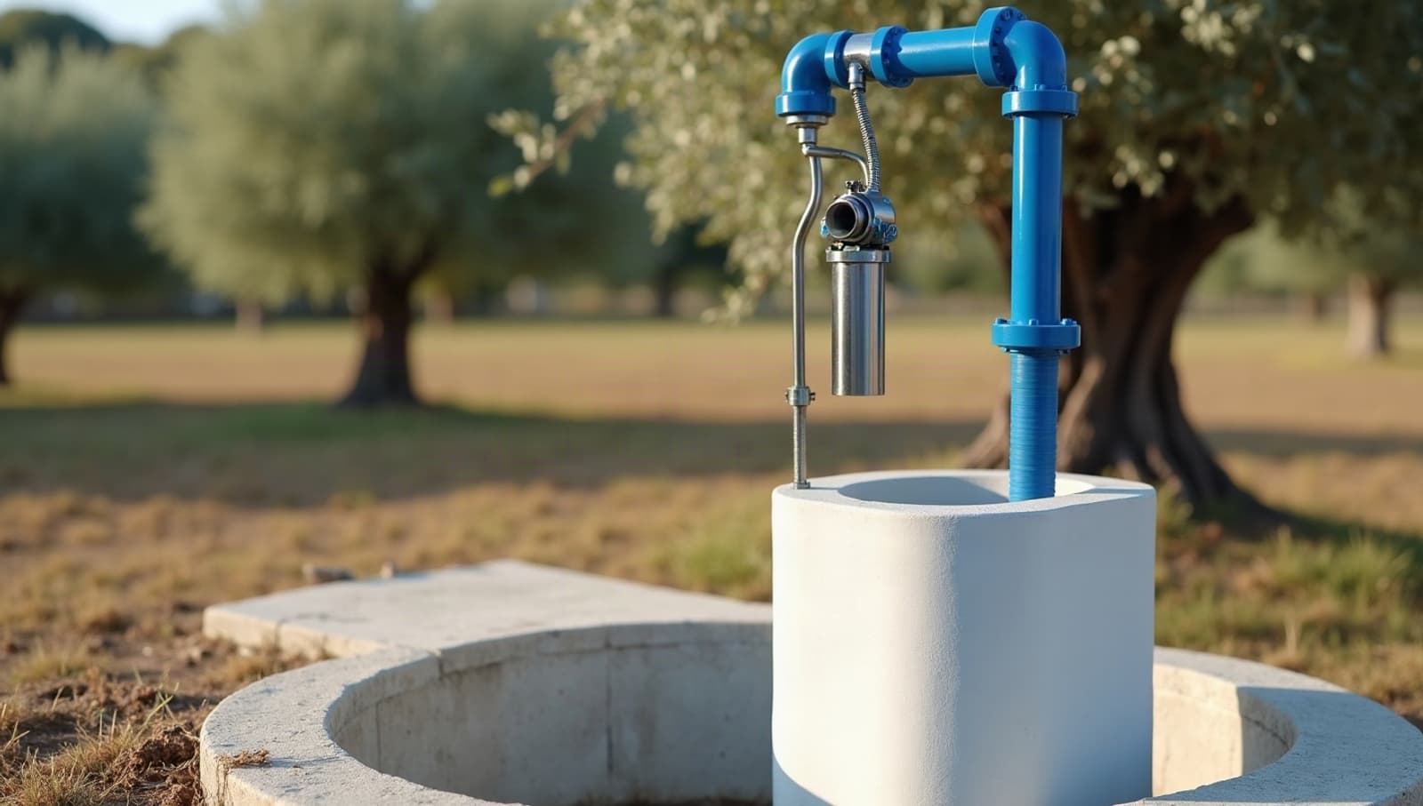 Pompe immergée en inox suspendue à son tuyau bleu, au-dessus d'un forage tubé en PVC blanc, dans une oliveraie du Gard