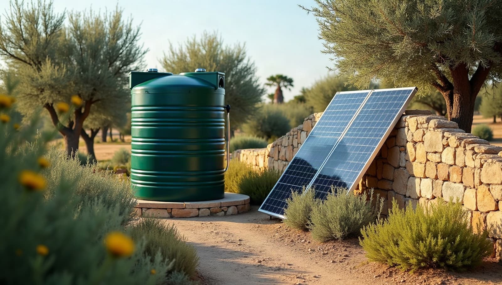 Cuve de stockage verte enterrée à moitié et panneaux solaires sur un muret de pierre sèche, entre oliviers et romarins