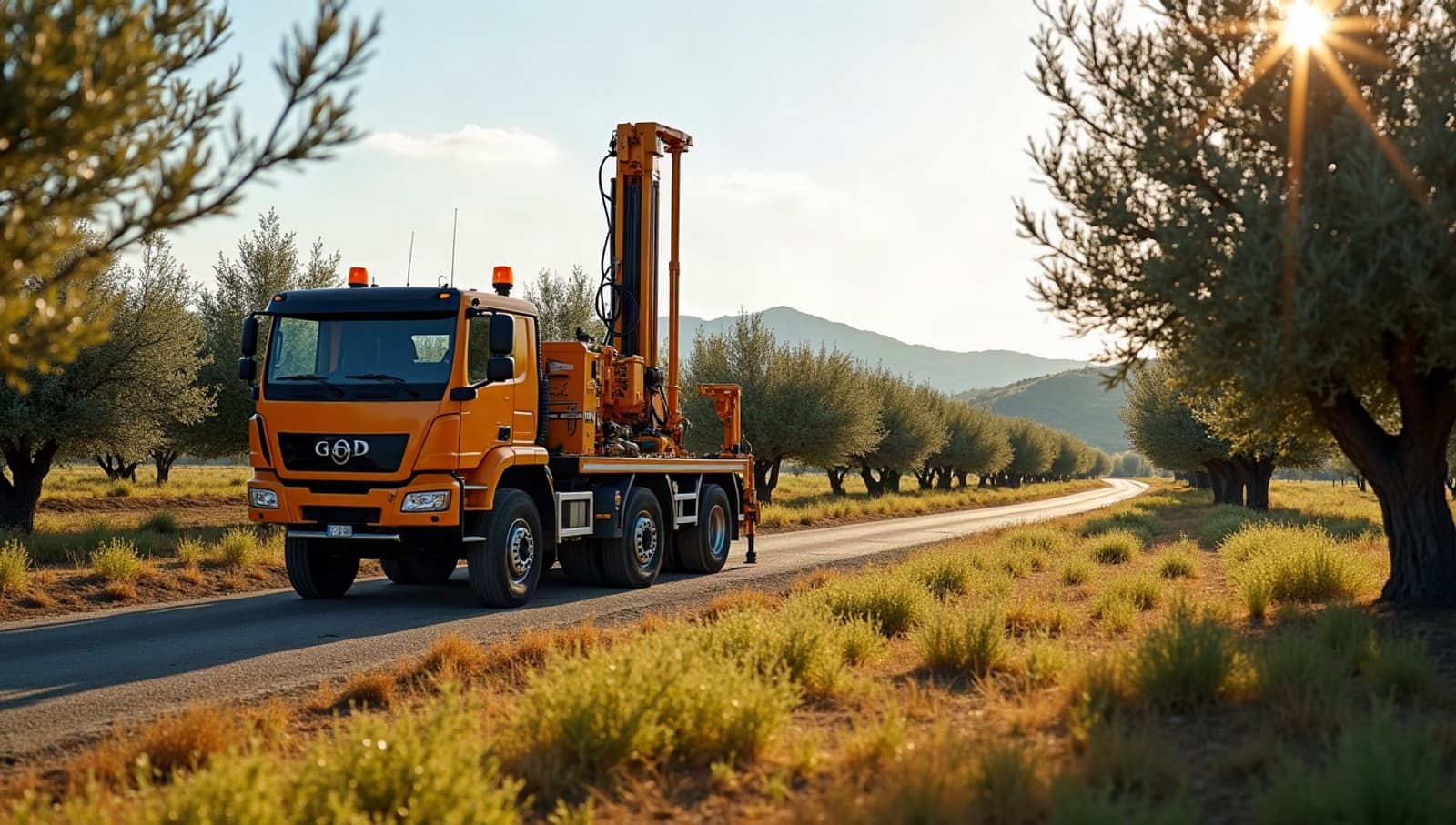 Foreuse moderne sur camion installée proprement au bord d'une oliveraie, opérateur de dos près de la tête de forage