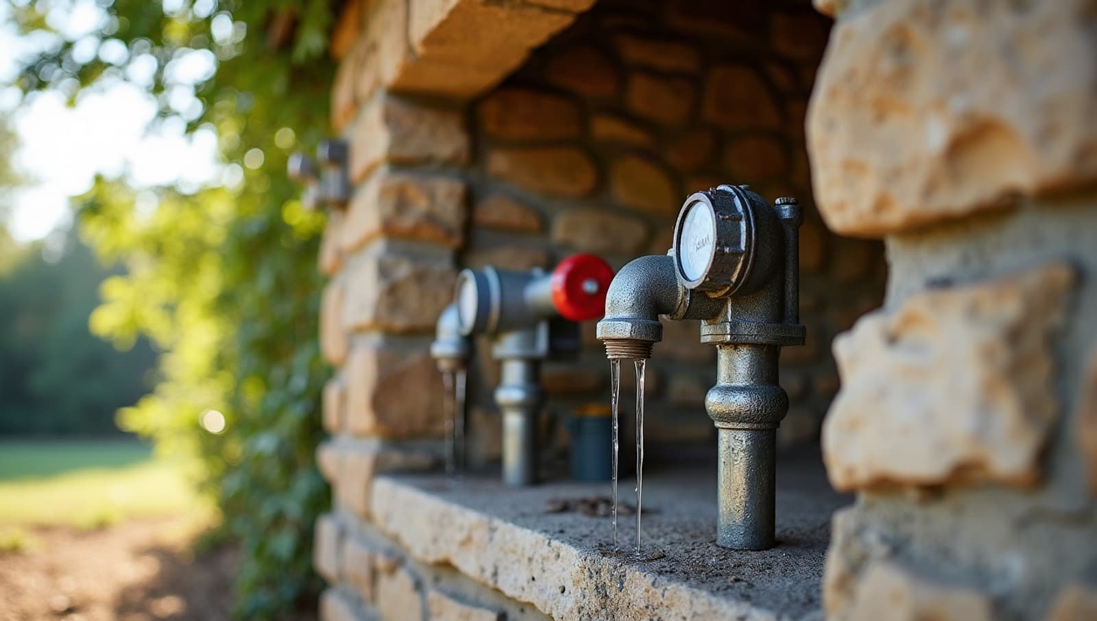 Panneau de vannes et programmateur d'arrosage propre et récent dans un abri en pierre du Gard, compteur d'eau visible