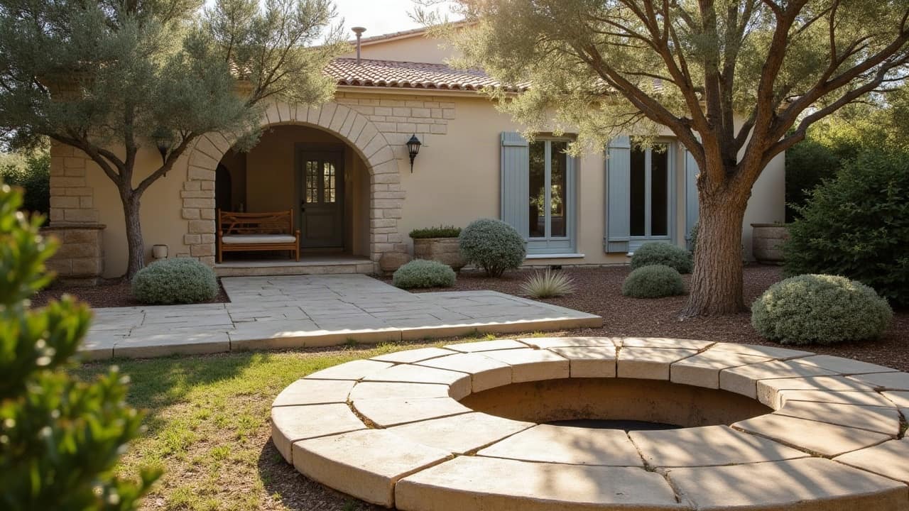 Tête de forage finie avec capot inox fermé et dalle de béton en pente, dans un jardin provençal entretenu